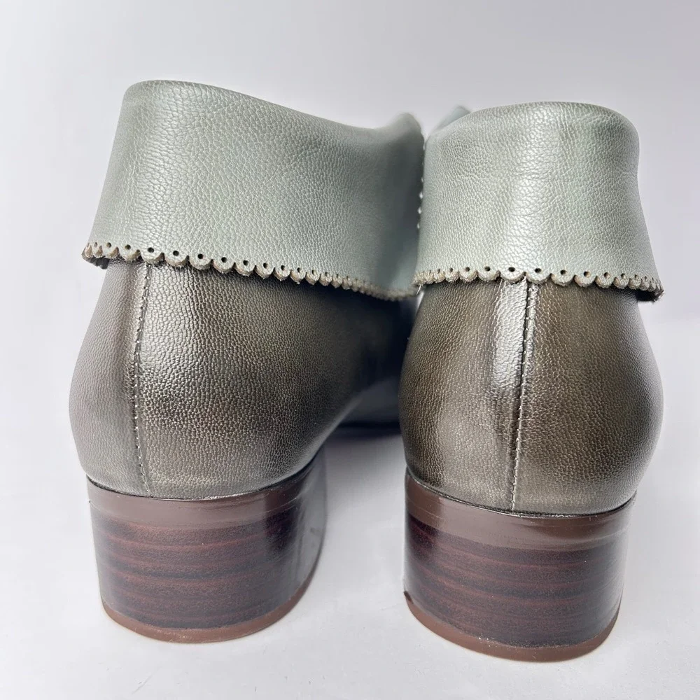 Mona Flying Leather Ankle Boots Block Heel Lace Up Scalloped Trim US 8.5,‎ EU 40